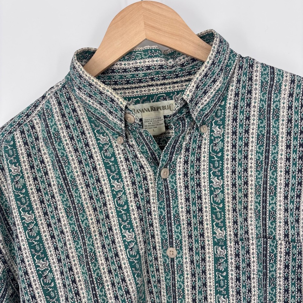 Vintage 90s Banana Republic Southwestern Tribal Shirt Mens L Green Aztec Western
